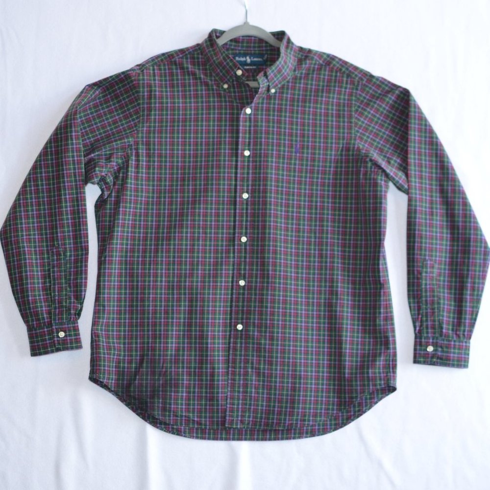 RALPH LAUREN MENS CLASSIC FIT BUTTON DOWN COTTON SHIRT GREEN PURPLE RED PLAID XL